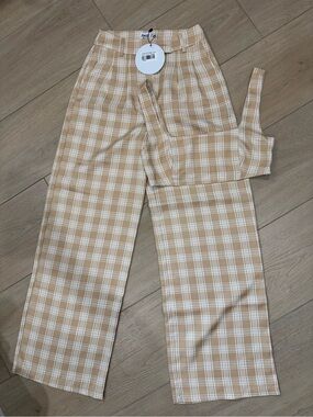 Princess Polly Beige & White Plaid Wide Leg Pants